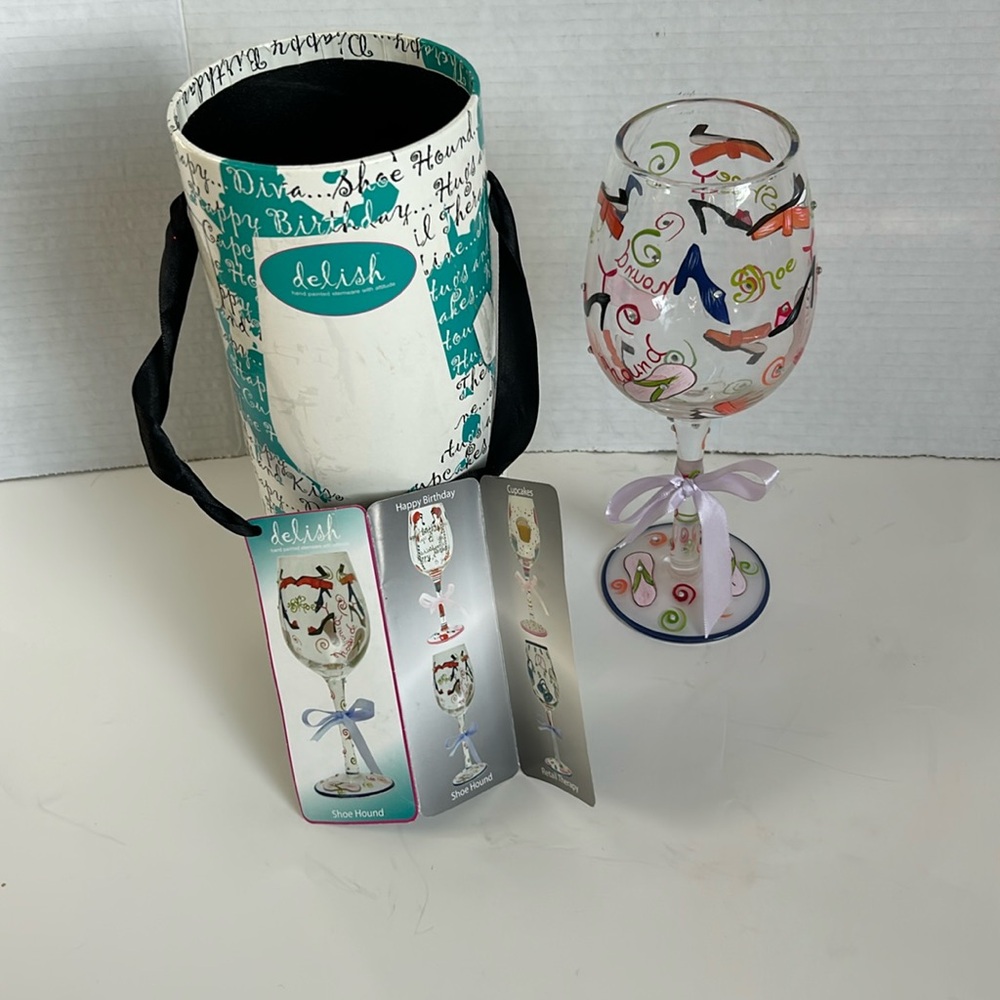 Delish hand painted stemware with attitude.  Shoe Hound wine glass.